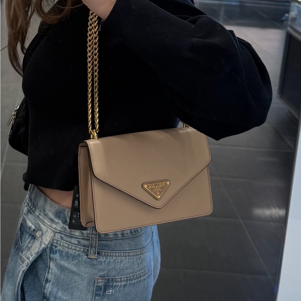 PRADA Saffiano Soft Calfskin Leather Chain Shoulder Bag Beige - Picture 4 of 5